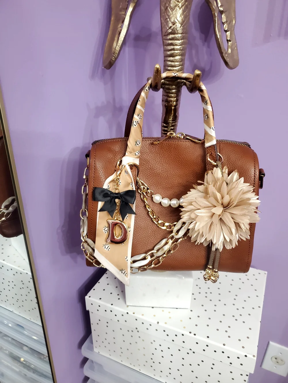 Stylish Brown Women's Satchel Bag with Pearl & Floral Charm